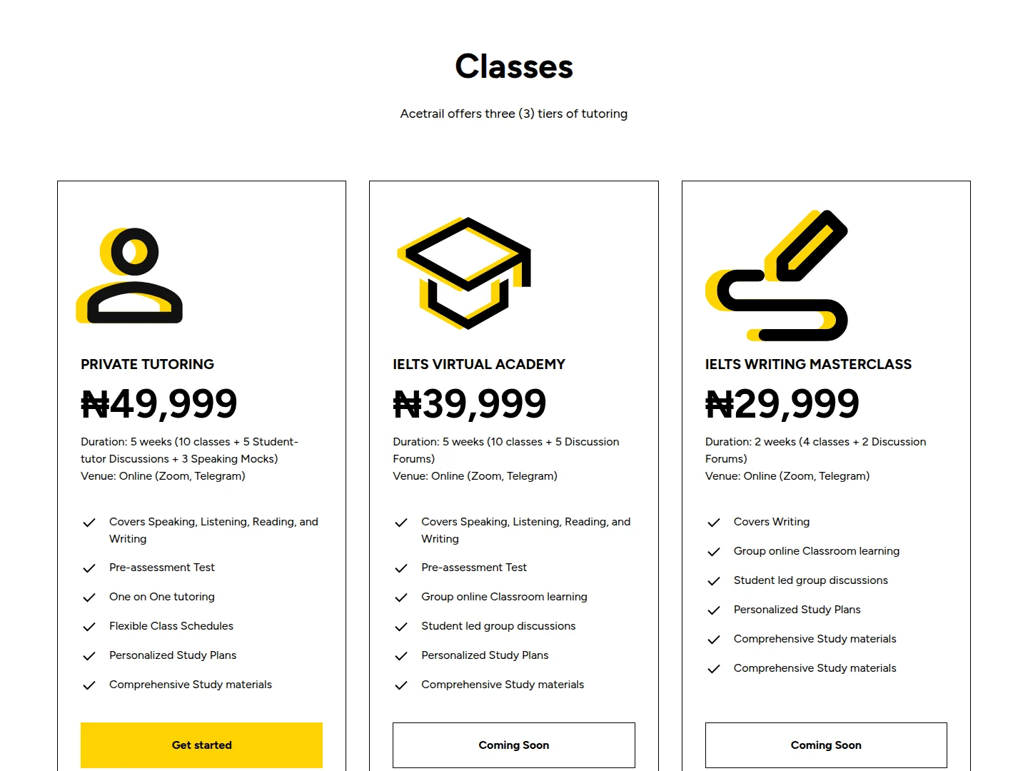 The old classes section: three equal price cards