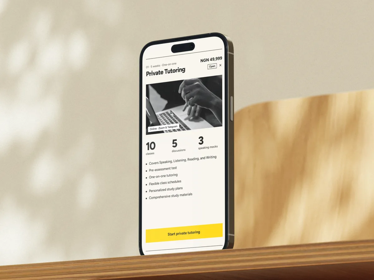 The open Private Tutoring row on a phone: price, the 10, 5 and 3 included sessions, and the start button