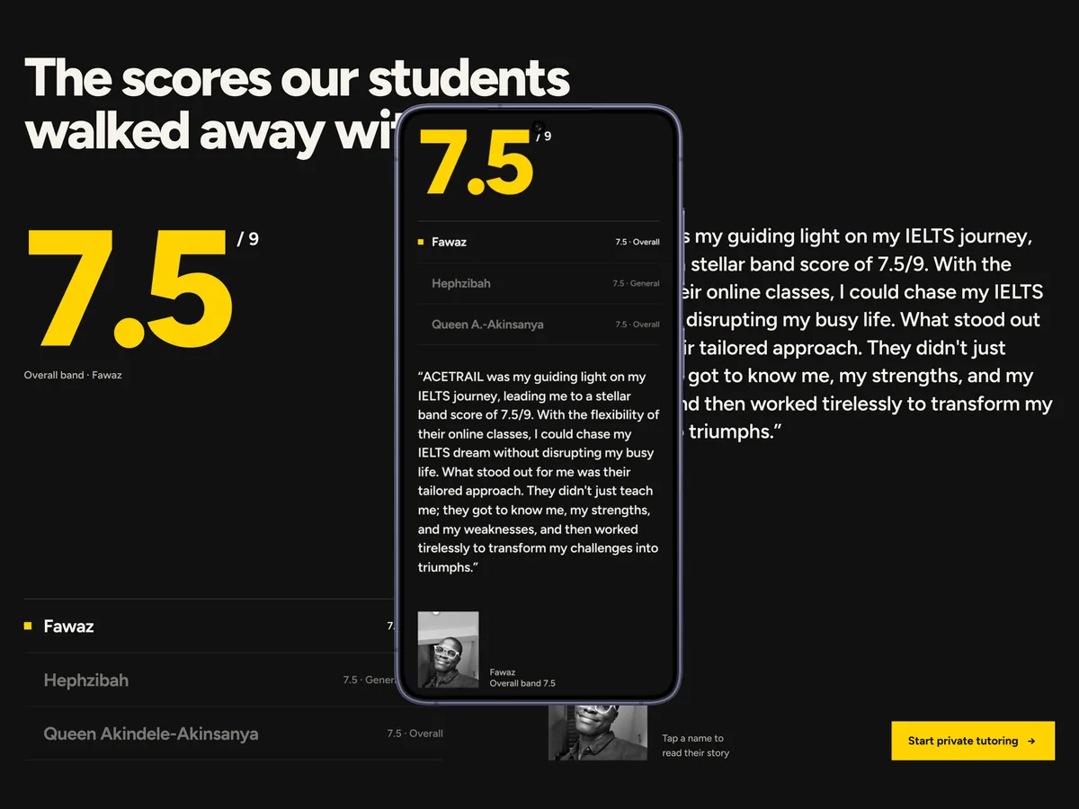 The results section on desktop and on a phone: 7.5 out of 9 in yellow, the student list and a quote