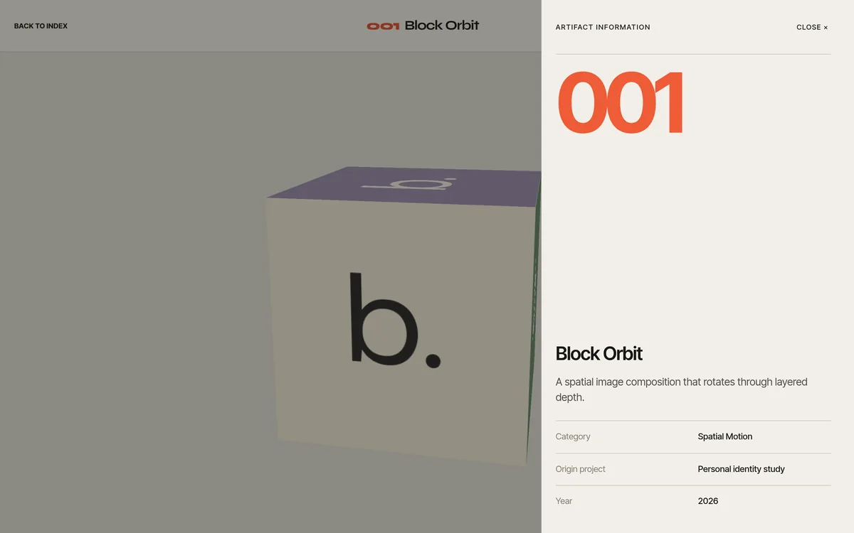 The Block Orbit page with the Information panel open on the right: 001, Block Orbit, its description, category, origin project and year