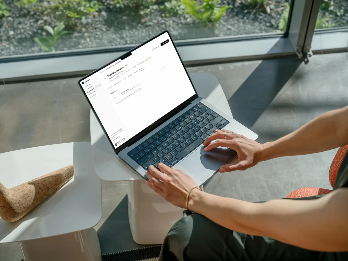 A technical interview open in JobTrackr on a laptop