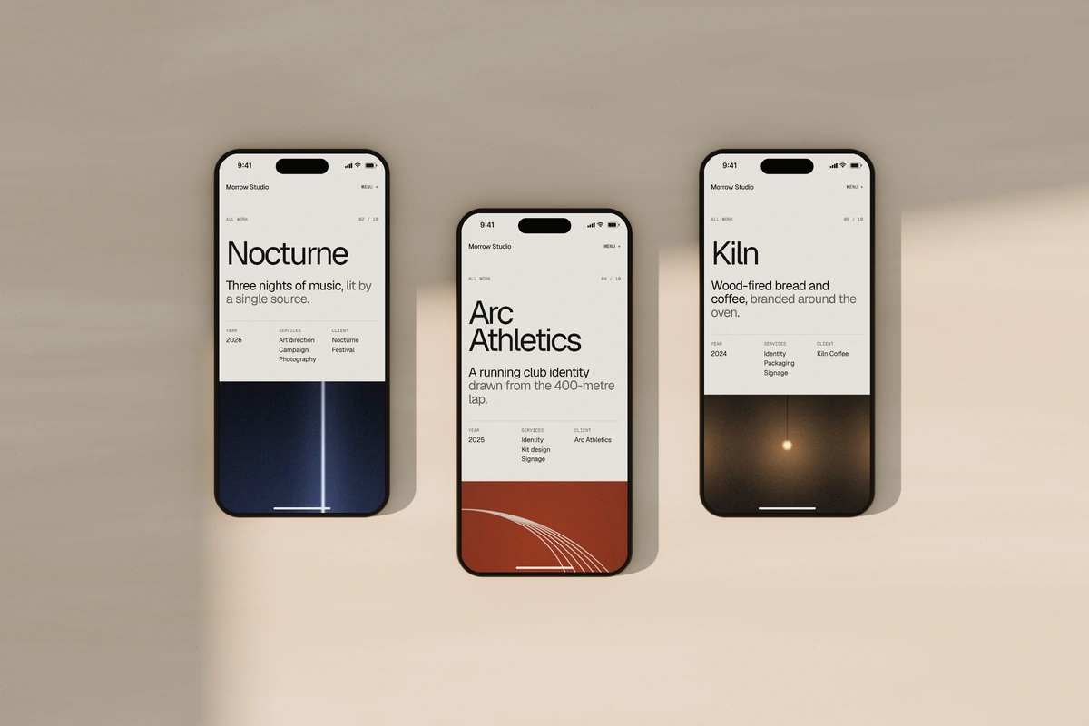 Three phones on a stone table showing the Nocturne, Arc Athletics and Kiln project pages