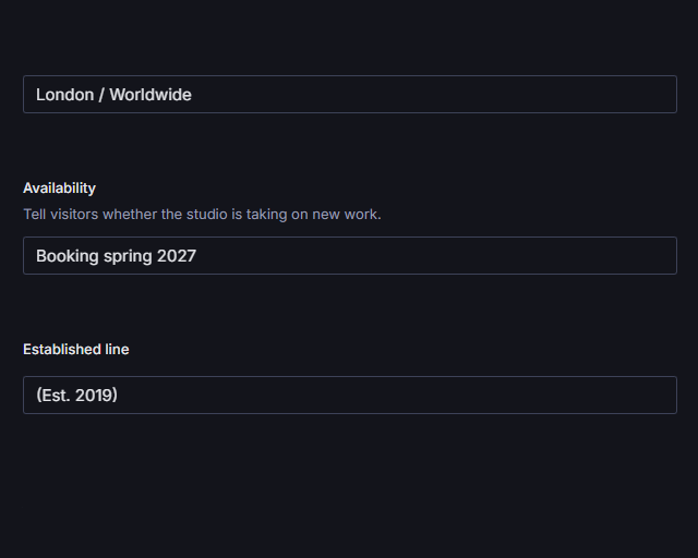 The Availability field in the Studio, described as Tell visitors whether the studio is taking on new work, set to Booking spring 2027