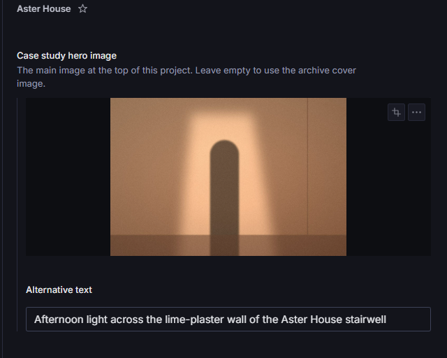 Aster House’s case study hero image in the Studio, with its crop button and its alternative text