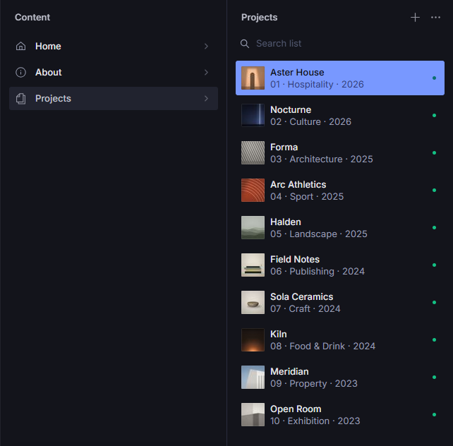 The hosted Sanity Studio, with Home, About and the ten projects listed in their Project order, each with a thumbnail, its number, sector and year