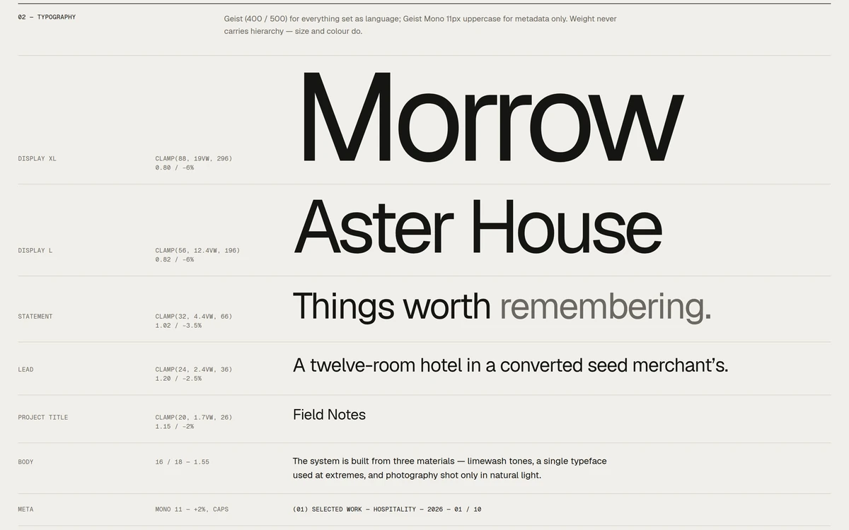 Morrow’s type scale in Geist, from Morrow at display size down to body copy and Geist Mono labels