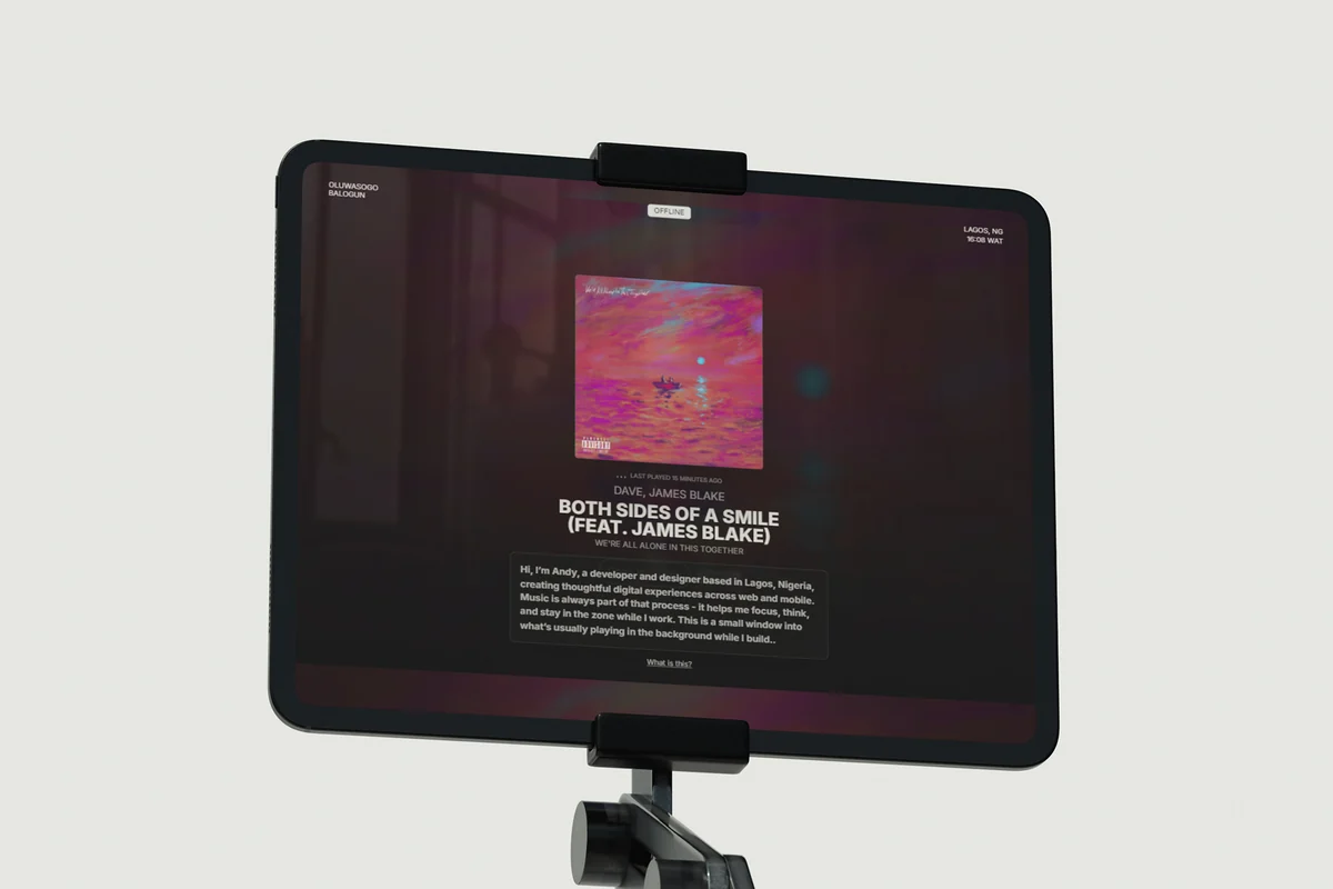 The first version of Now Playing on a tablet, offline, showing the last track played and the note about the page