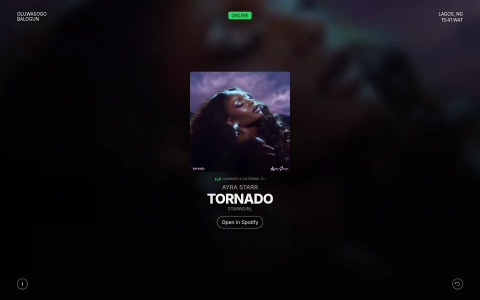 Now Playing with Tornado by Ayra Starr: a purple, blurred copy of the cover fills the background